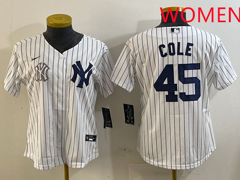 Women New York Yankees #45 Cole White Stripe Game 2025 Nike MLB Jersey style 9->women mlb jersey->Women Jersey
